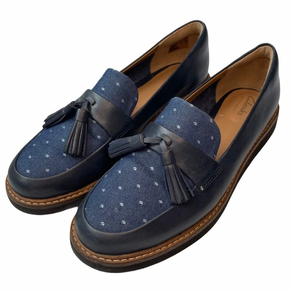 Clarks Glick Castine loafer navy leather with tassel size 6.5 patterned fabric